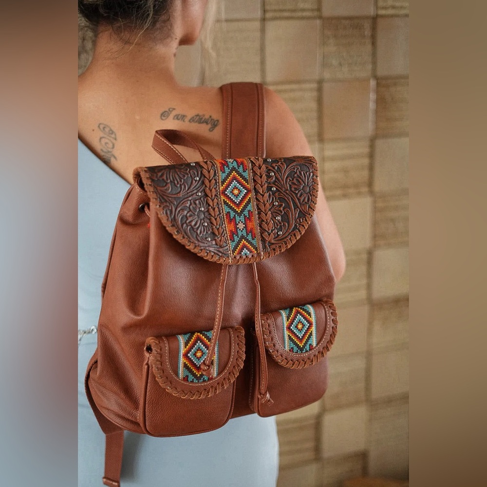 Montana West Aztec Vegan Leather Backpack Beaded Tooled Travel Bag